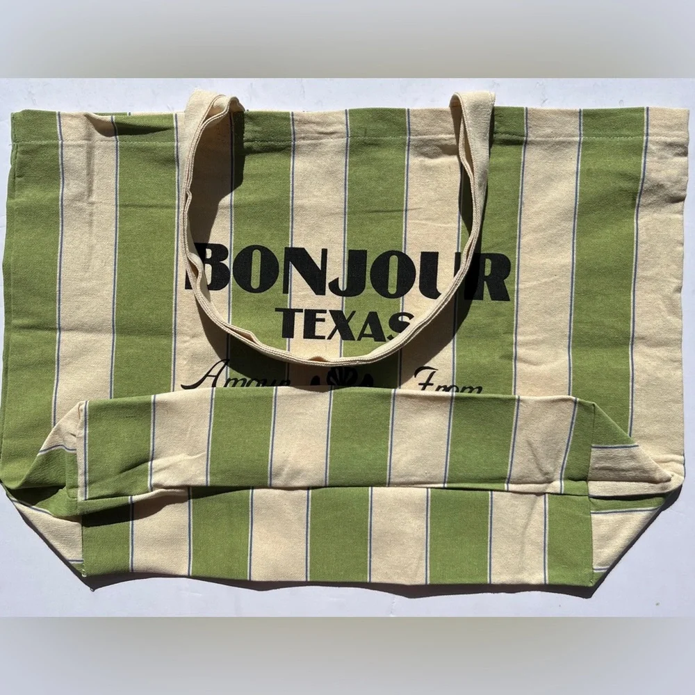 NWOT - Sézane Bonjour Texas Canvas Tote Bag Green Stripes - Picture 3 of 13